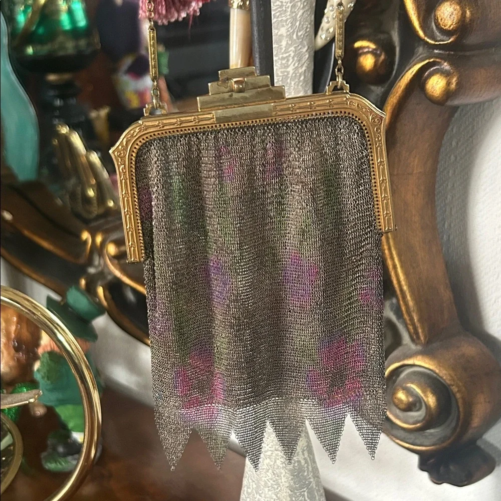 Antique Art Deco Dresden Mesh Watercolor Floral Purse Handbag - Picture 4 of 15